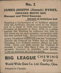 1936 World Wide Gum (V355) #1 Jimmie Dykes Back