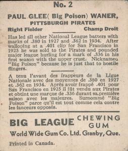 1936 World Wide Gum (V355) #2 Paul Waner Back
