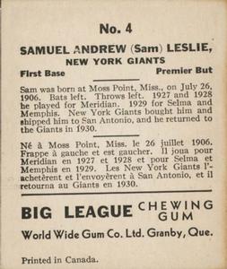 1936 World Wide Gum (V355) #4 Sam Leslie Back