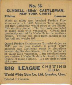 1936 World Wide Gum (V355) #36 Clydell Castleman Back
