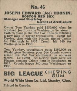 1936 World Wide Gum (V355) #46 Joe Cronin Back