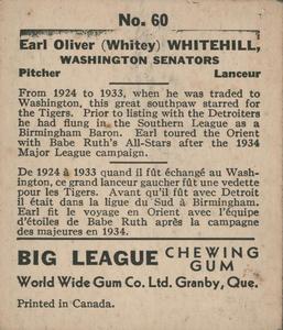 1936 World Wide Gum (V355) #60 Earl Whitehill Back