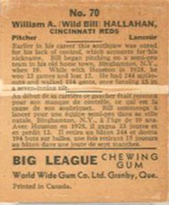 1936 World Wide Gum (V355) #70 Bill Hallahan Back