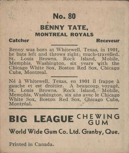 1936 World Wide Gum (V355) #80 Bennie Tate Back