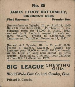 1936 World Wide Gum (V355) #85 Jim Bottomley Back