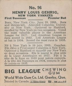 1936 World Wide Gum (V355) #96 Lou Gehrig Back