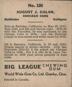 1936 World Wide Gum (V355) #106 Augie Galan Back
