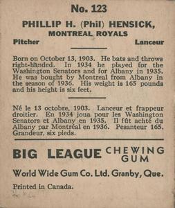 1936 World Wide Gum (V355) #123 Phil Hensiek Back