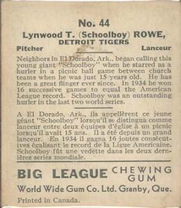 1936 World Wide Gum (V355) #44 Schoolboy Rowe Back