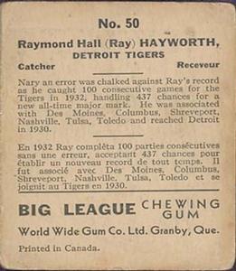 1936 World Wide Gum (V355) #50 Ray Hayworth Back