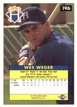 1992-93 Fleer Excel #196 Wes Weger Back