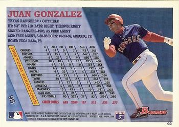 1996 Bowman #95 Juan Gonzalez Back