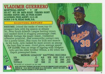 1996 Bowman #374 Vladimir Guerrero Back