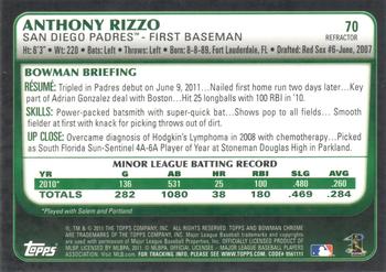 2011 Bowman Draft Picks & Prospects - Chrome Refractors #70 Anthony Rizzo Back