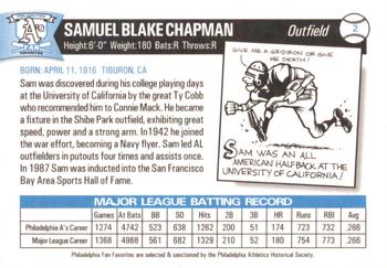 1998 Philadelphia Athletics Historical Society Fan Favorites #2 Sam Chapman Back