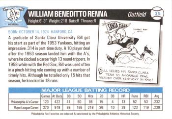 1998 Philadelphia Athletics Historical Society Fan Favorites #35 Bill Renna Back