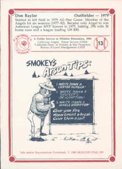 1989 California Angels Greats Smokey #13 Don Baylor Back