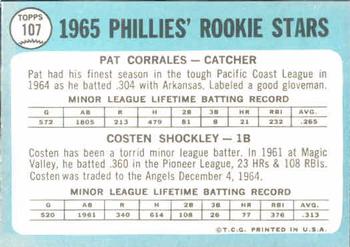 1965 Topps #107 Phillies 1965 Rookie Stars (Pat Corrales / Costen Shockley) Back