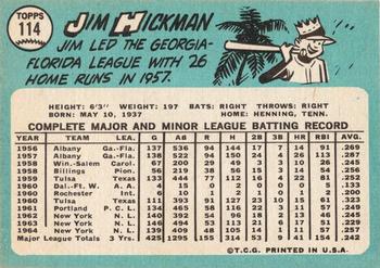 1965 Topps #114 Jim Hickman Back