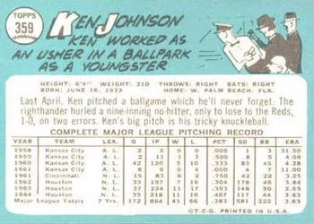 1965 Topps #359 Ken Johnson Back