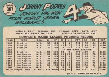 1965 Topps #387 Johnny Podres Back