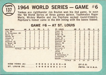 1965 Topps #137 World Series Game #6 - Bouton Wins Again Back