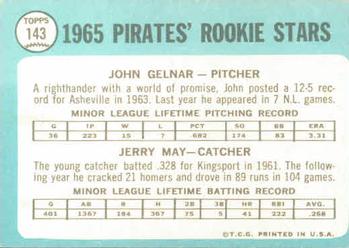 1965 Topps #143 Pirates 1965 Rookie Stars (John Gelnar / Jerry May) Back