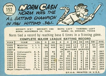 1965 Topps #153 Norm Cash Back