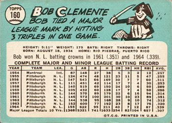1965 Topps #160 Bob Clemente Back