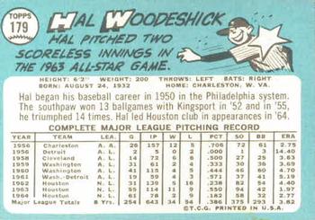 1965 Topps #179 Hal Woodeshick Back