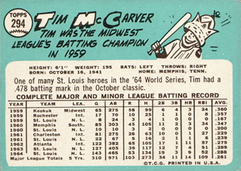 1965 Topps #294 Tim McCarver Back
