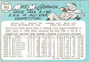 1965 Topps #343 Mike McCormick Back