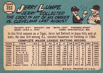 1965 Topps #353 Jerry Lumpe Back