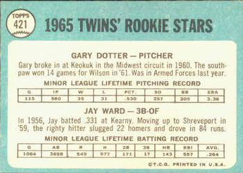 1965 Topps #421 Twins 1965 Rookie Stars (Gary Dotter / Jay Ward) Back