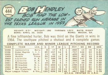 1965 Topps #444 Bob Hendley Back