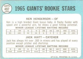 1965 Topps #497 Giants 1965 Rookie Stars (Ken Henderson / Jack Hiatt) Back
