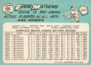 1965 Topps #500 Ed Mathews Back