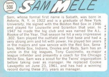 1965 Topps #506 Sam Mele Back