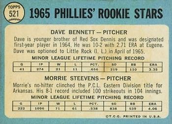 1965 Topps #521 Phillies 1965 Rookie Stars (Dave Bennett / Morrie Steevens) Back
