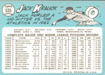 1965 Topps #535 Jack Kralick Back