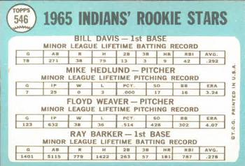 1965 Topps #546 Indians 1965 Rookie Stars (Bill Davis / Mike Hedlund / Floyd Weaver / Ray Barker) Back