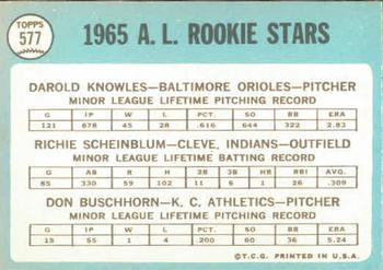 1965 Topps #577 American League 1965 Rookie Stars (Darold Knowles / Richie Scheinblum / Don Buschhorn) Back