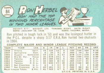 1965 Topps #84 Ron Herbel Back