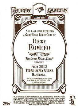 2012 Topps Gypsy Queen - Relics #GQR-RR Ricky Romero  Back