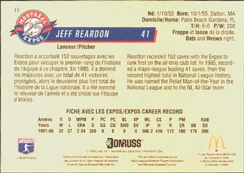 1993 Donruss McDonald's Montreal Expos 25th Anniversary #11 Jeff Reardon Back