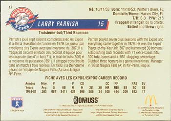 1993 Donruss McDonald's Montreal Expos 25th Anniversary #17 Larry Parrish Back