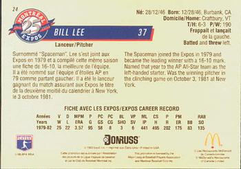 1993 Donruss McDonald's Montreal Expos 25th Anniversary #24 Bill Lee Back