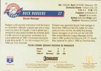 1993 Donruss McDonald's Montreal Expos 25th Anniversary #32 Buck Rodgers Back