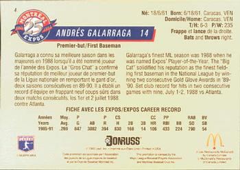 1993 Donruss McDonald's Montreal Expos 25th Anniversary #4 Andres Galarraga Back
