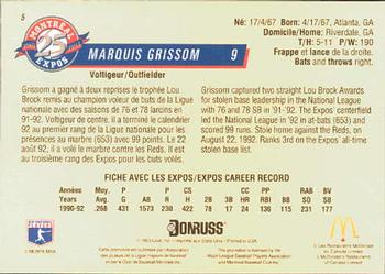 1993 Donruss McDonald's Montreal Expos 25th Anniversary #5 Marquis Grissom Back